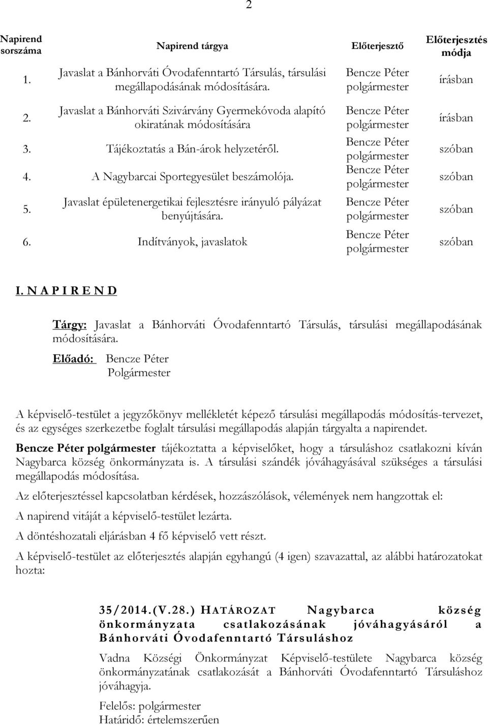 Javaslat épületenergetikai fejlesztésre irányuló pályázat benyújtására. 6. Indítványok, javaslatok írásban szóban szóban szóban szóban I.