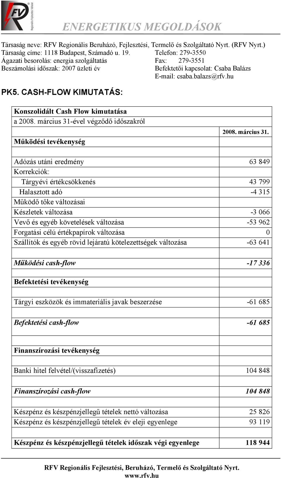 CASH-FLOW KIMUTATÁS: Konszolidált Cash Flow kimutatása a 2008. március 31-