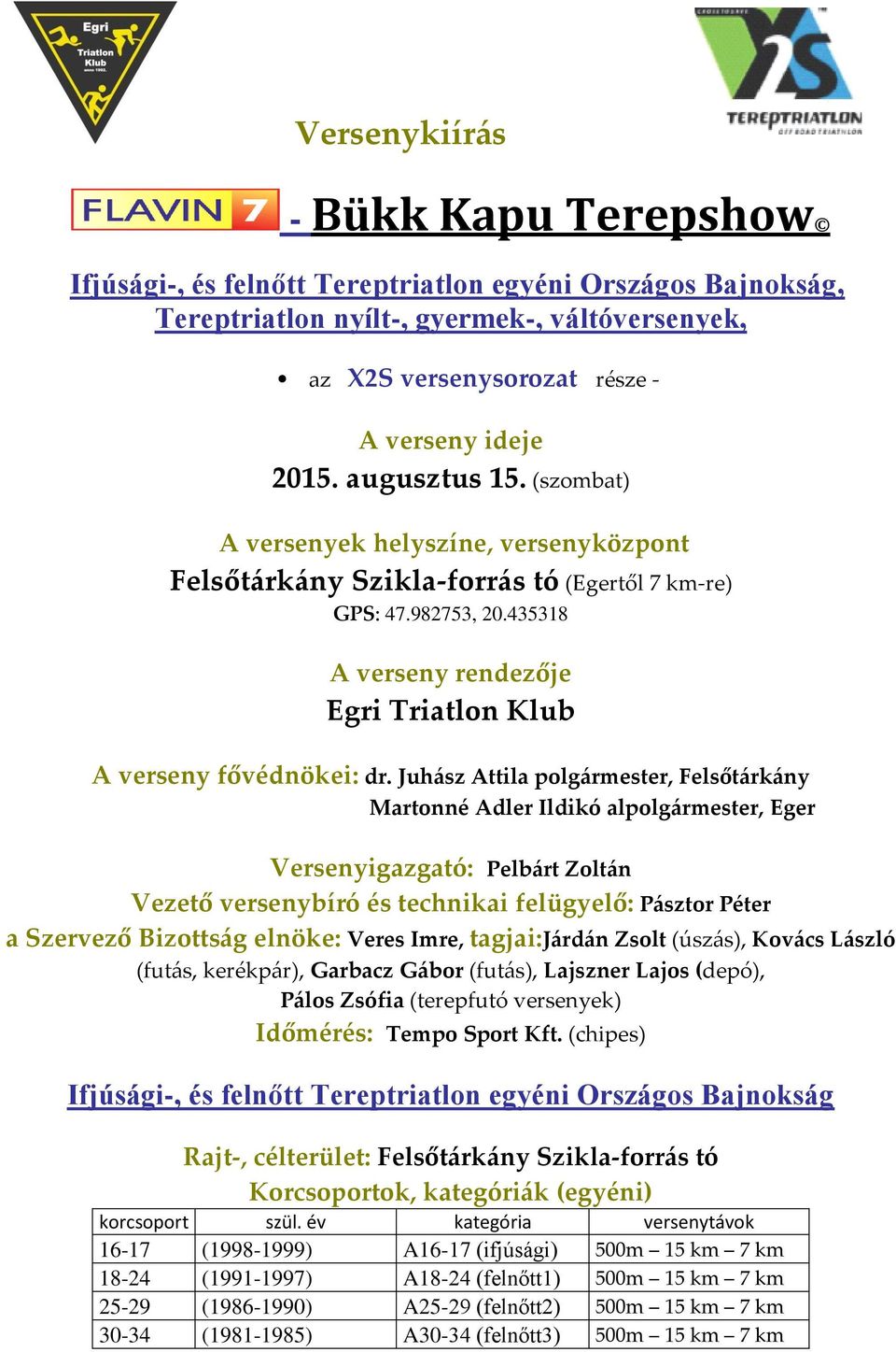 Juhász Attila polgármester, Felsőtárkány Martonné Adler Ildikó alpolgármester, Eger Versenyigazgató: Pelbárt Zoltán Vezető versenybíró és technikai felügyelő: Pásztor Péter a Szervező Bizottság