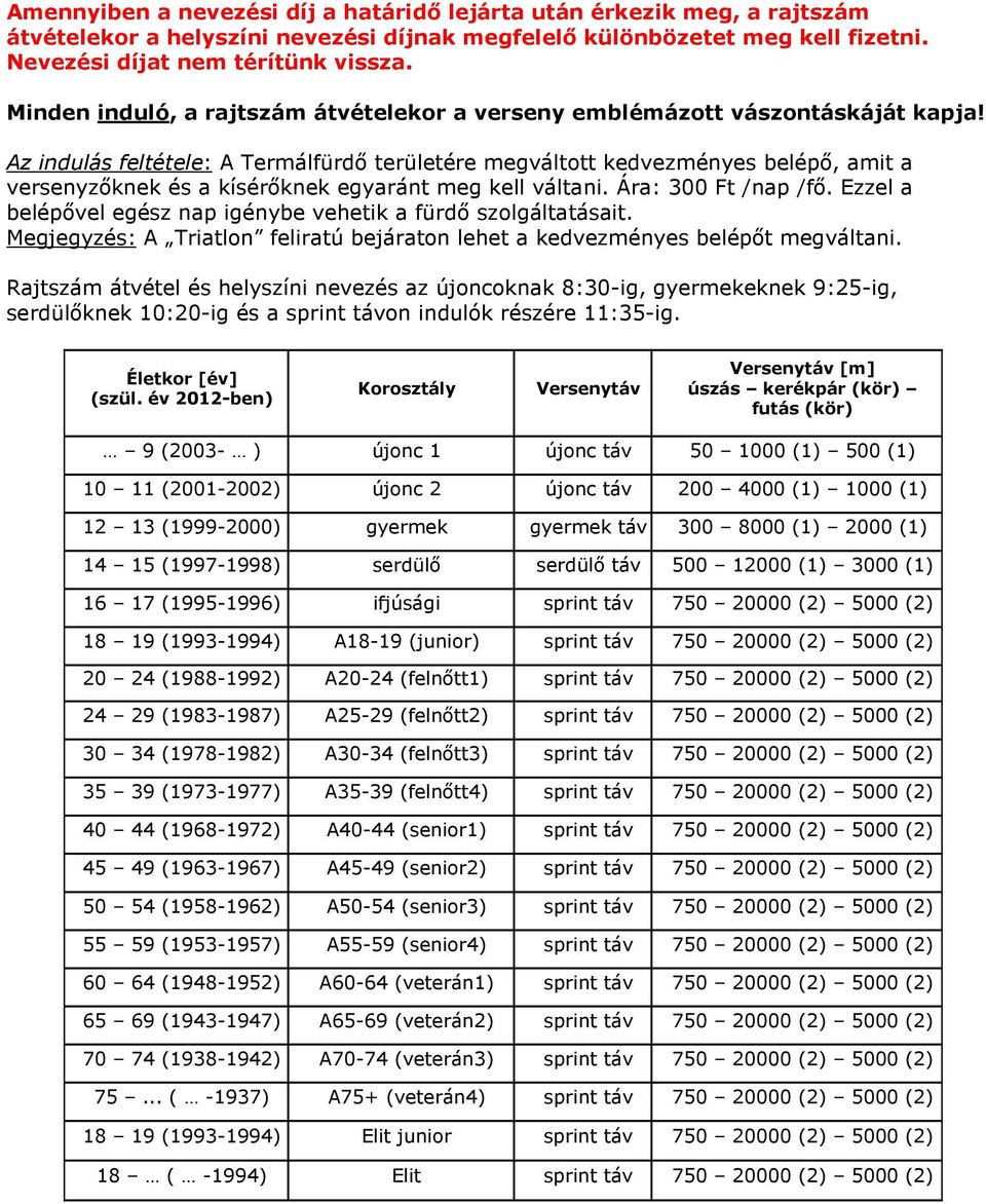 Az indulás feltétele: A Termálfürdı területére megváltott kedvezményes belépı, amit a versenyzıknek és a kísérıknek egyaránt meg kell váltani. Ára: 300 Ft /nap /fı.