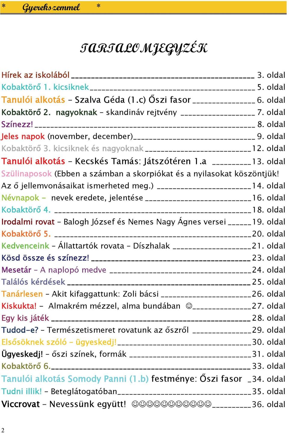 oldal Szülinaposok (Ebben a számban a skorpiókat és a nyilasokat köszöntjük! Az ő jellemvonásaikat ismerheted meg.) 14. oldal Névnapok - nevek eredete, jelentése 16. oldal Kobaktörő 4. 18.