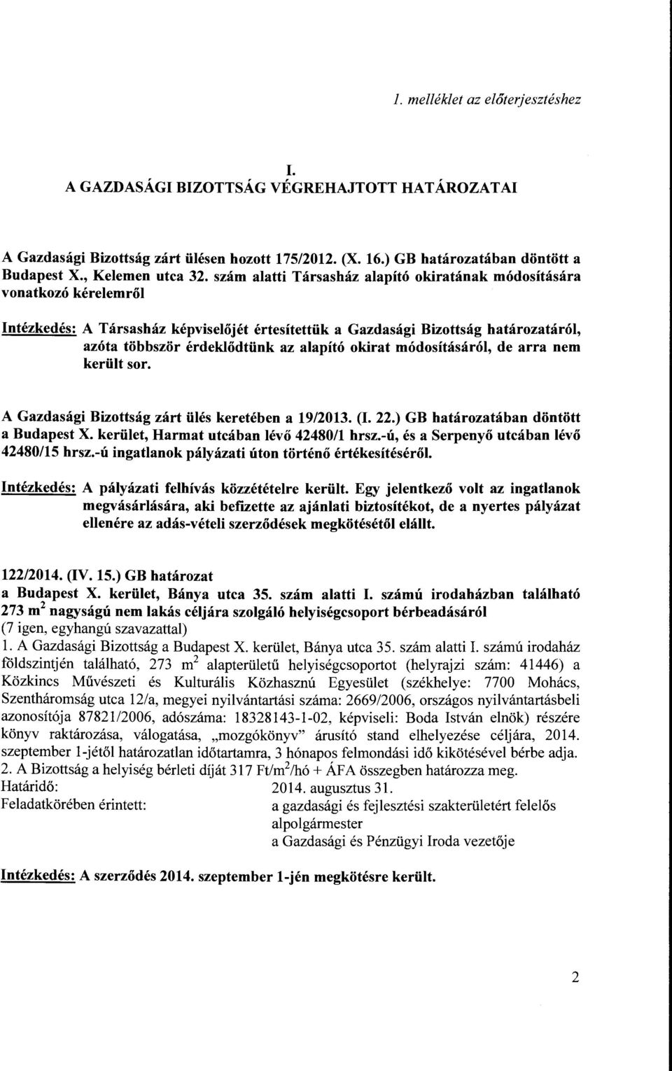alapító okirat módosításáról, de arra nem került sor. A Gazdasági Bizottság zárt ülés keretében a 19/2013. (I. 22.) GB határozatában döntött a Budapest X. kerület, Harmat utcában lévő 42480/l hrsz.