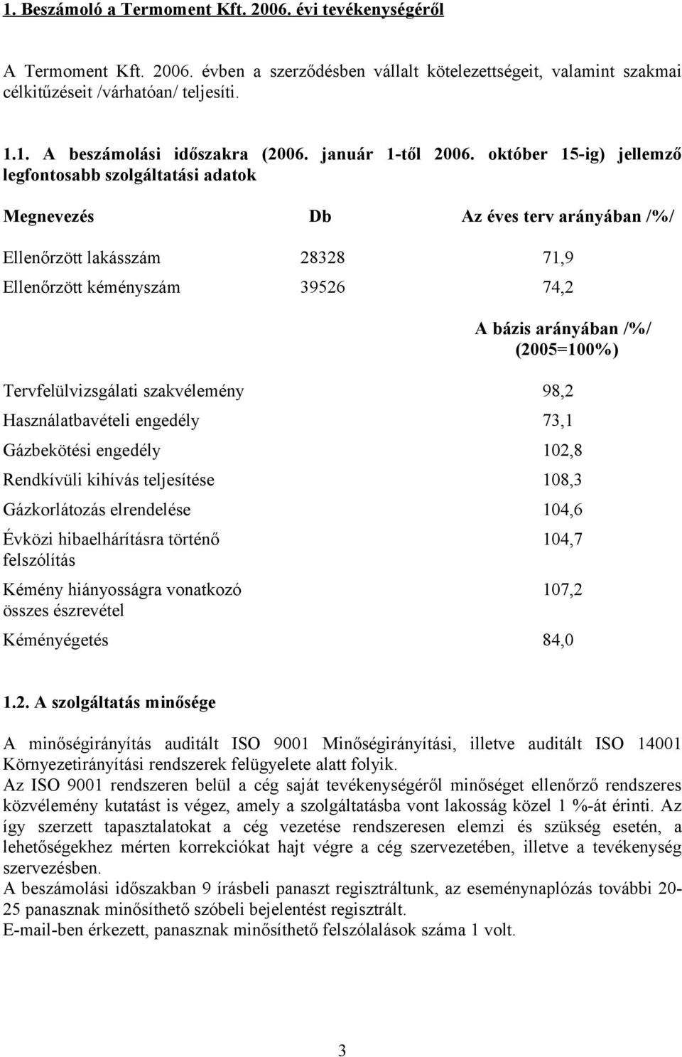 október 15-ig) jellemző legfontosabb szolgáltatási adatok Megnevezés Db Az éves terv arányában /%/ Ellenőrzött lakásszám 28328 71,9 Ellenőrzött kéményszám 39526 74,2 A bázis arányában /%/ (2005=100%)