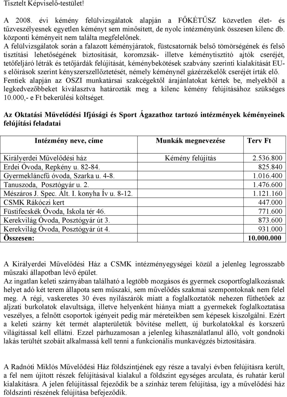 A felülvizsgálatok során a falazott kéményjáratok, füstcsatornák belső tömörségének és felső tisztítási lehetőségének biztosítását, koromzsák- illetve kéménytisztító ajtók cseréjét, tetőfeljáró