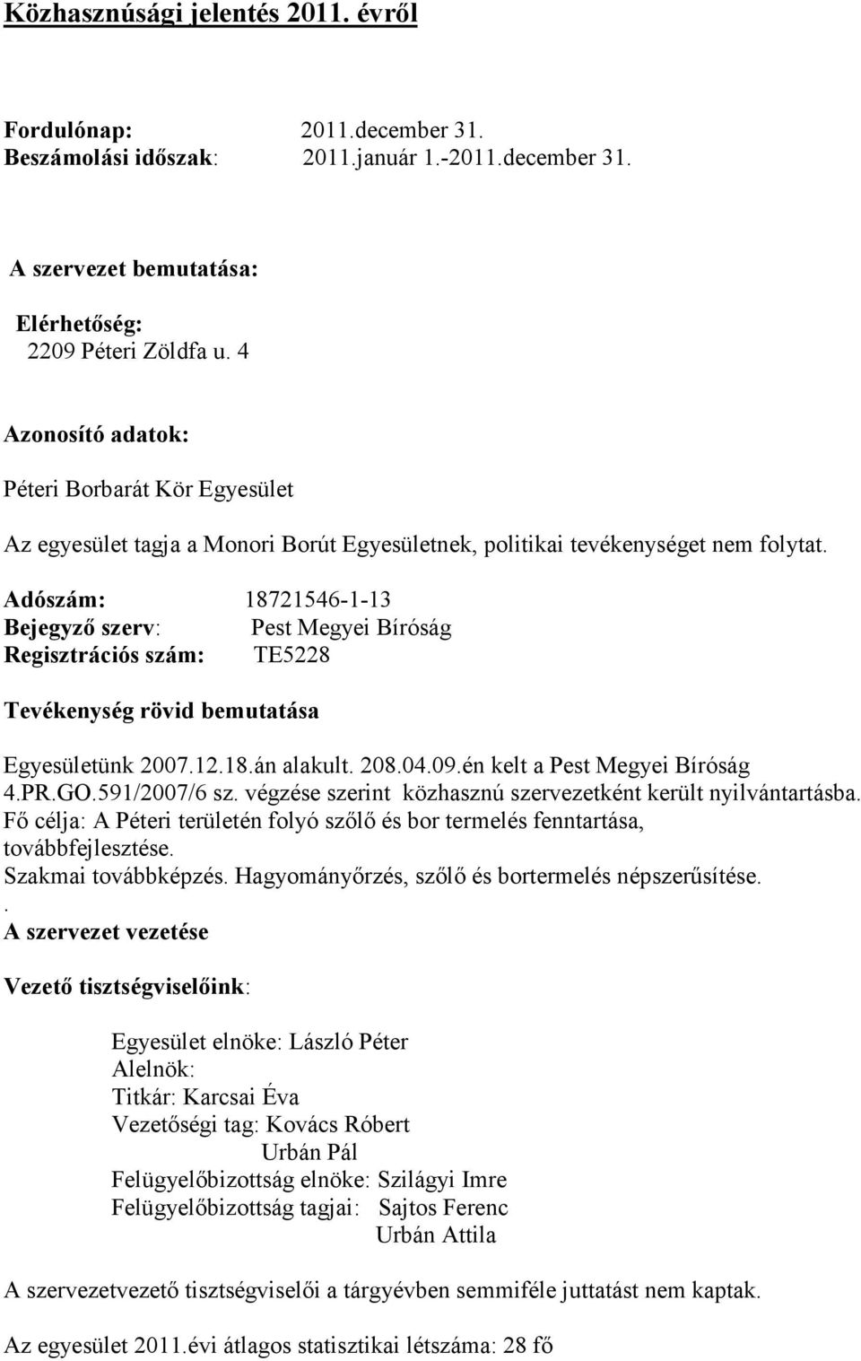 Adószám: 18721546-1-13 Bejegyző szerv: Pest Megyei Bíróság Regisztrációs szám: TE5228 Tevékenység rövid bemutatása Egyesületünk 2007.12.18.án alakult. 208.04.09.én kelt a Pest Megyei Bíróság 4.PR.GO.