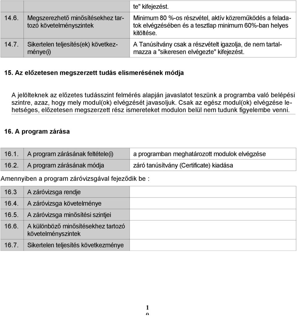 A Tanúsítvány csak a részvételt igazolja, de nem tartalmazza a "sikeresen elvégezte" kifejezést. 15.