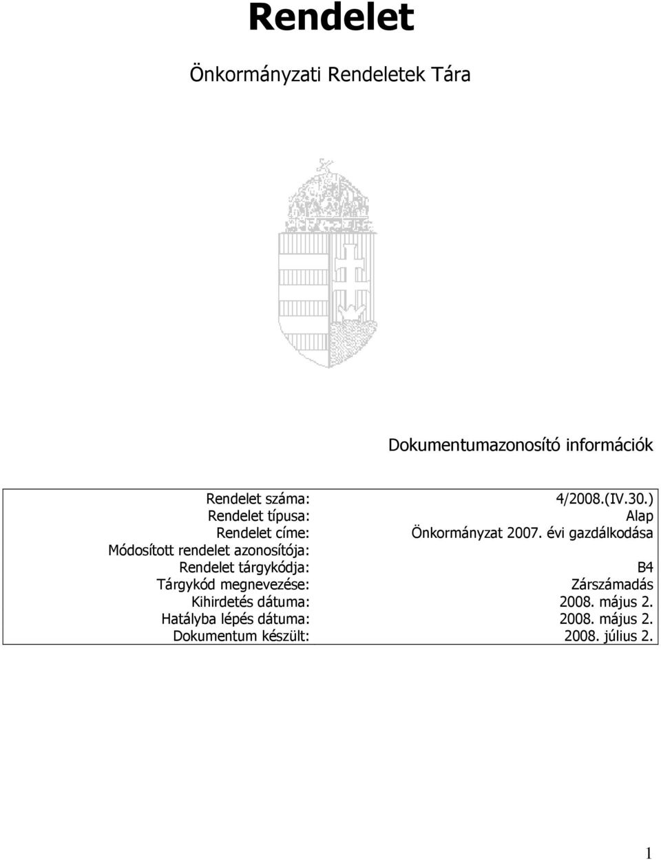 évi gazdálkodása Módosított rendelet azonosítója: Rendelet tárgykódja: B4 Tárgykód