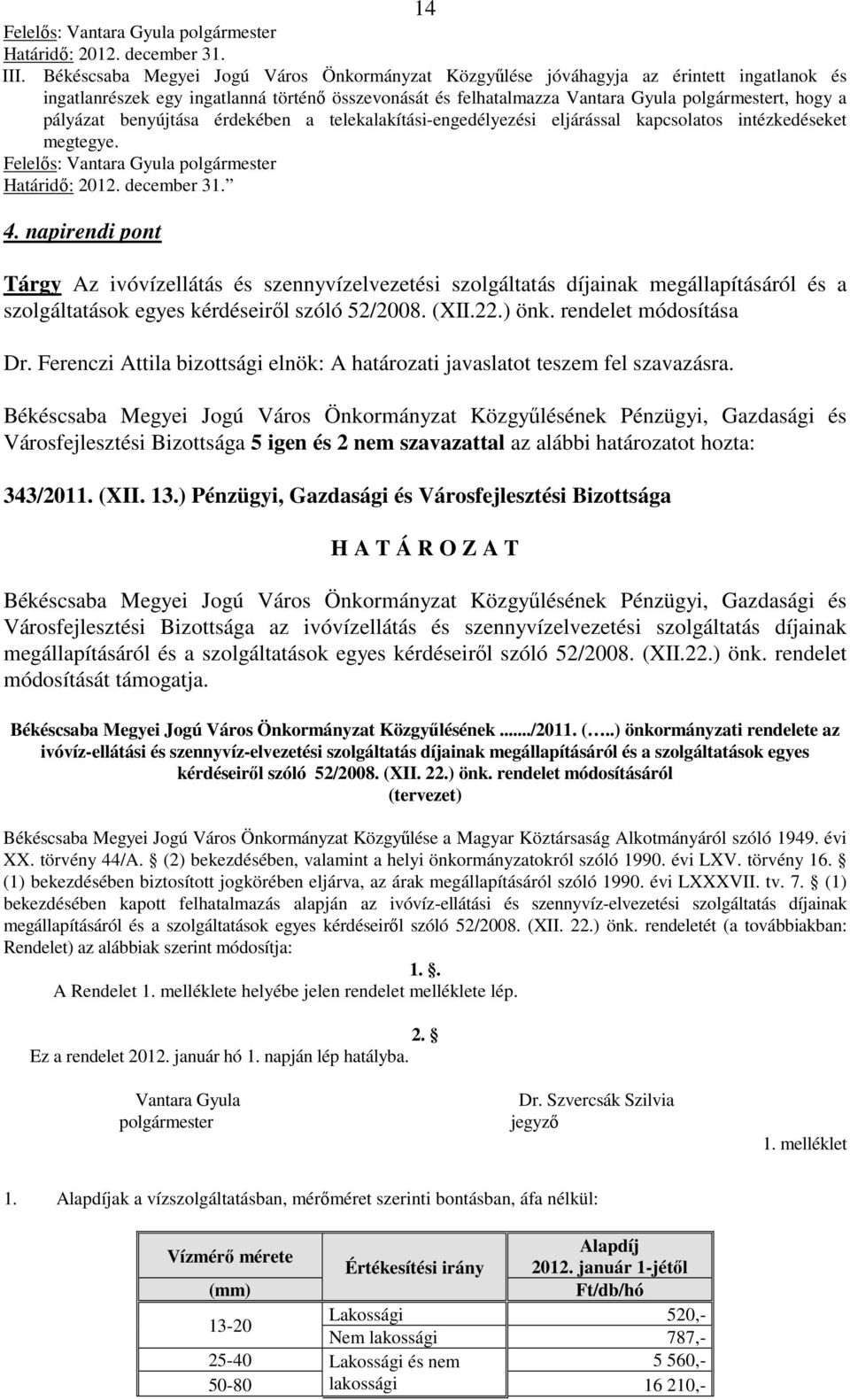 pályázat benyújtása érdekében a telekalakítási-engedélyezési eljárással kapcsolatos intézkedéseket megtegye. Felelős: Vantara Gyula polgármester Határidő: 2012. december 31. 4.