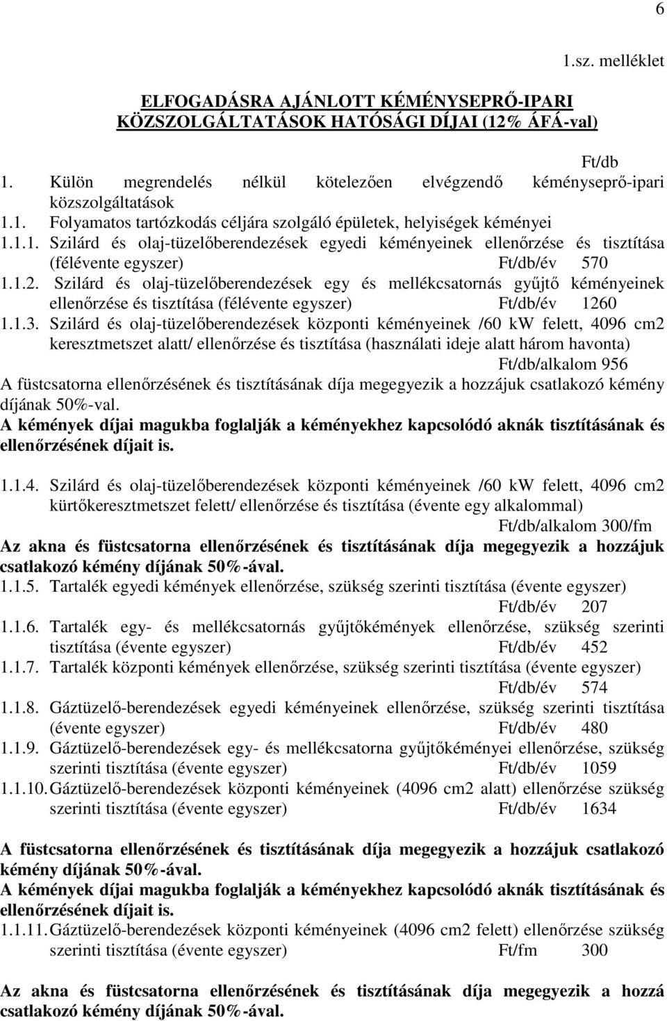 Szilárd és olaj-tüzelőberendezések egy és mellékcsatornás gyűjtő kéményeinek ellenőrzése és tisztítása (félévente egyszer) Ft/db/év 1260 1.1.3.