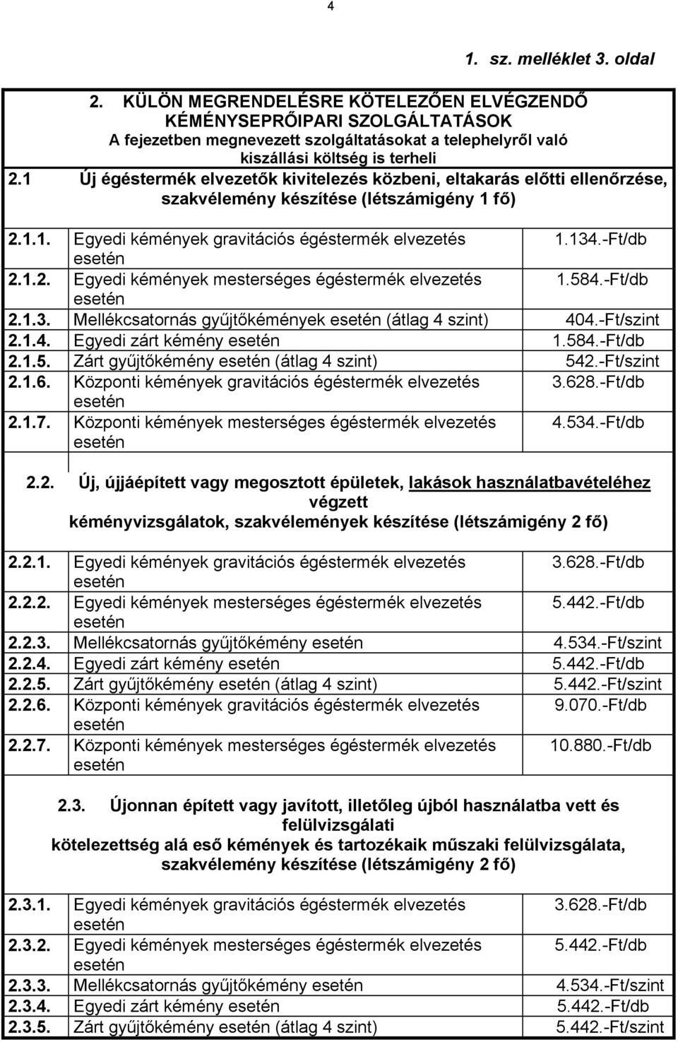 584.-Ft/db 2.1.3. Mellékcsatornás gyűjtőkémények (átlag 4 szint) 404.-Ft/szint 2.1.4. Egyedi zárt kémény 1.584.-Ft/db 2.1.5. Zárt gyűjtőkémény (átlag 4 szint) 542.-Ft/szint 2.1.6.