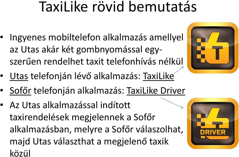 TaxiLike Sofőrtelefonján alkalmazás: TaxiLike Driver Az Utas alkalmazással indított
