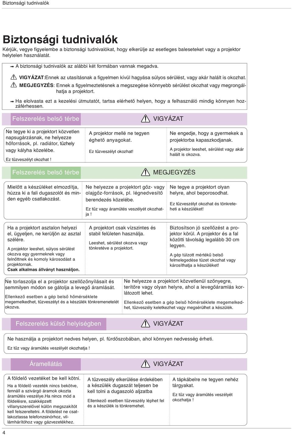 MEGJEGYZÉS: Ennek a figyelmeztetésnek a megszegése könnyebb sérülést okozhat vagy megrongálhatja a projektort.