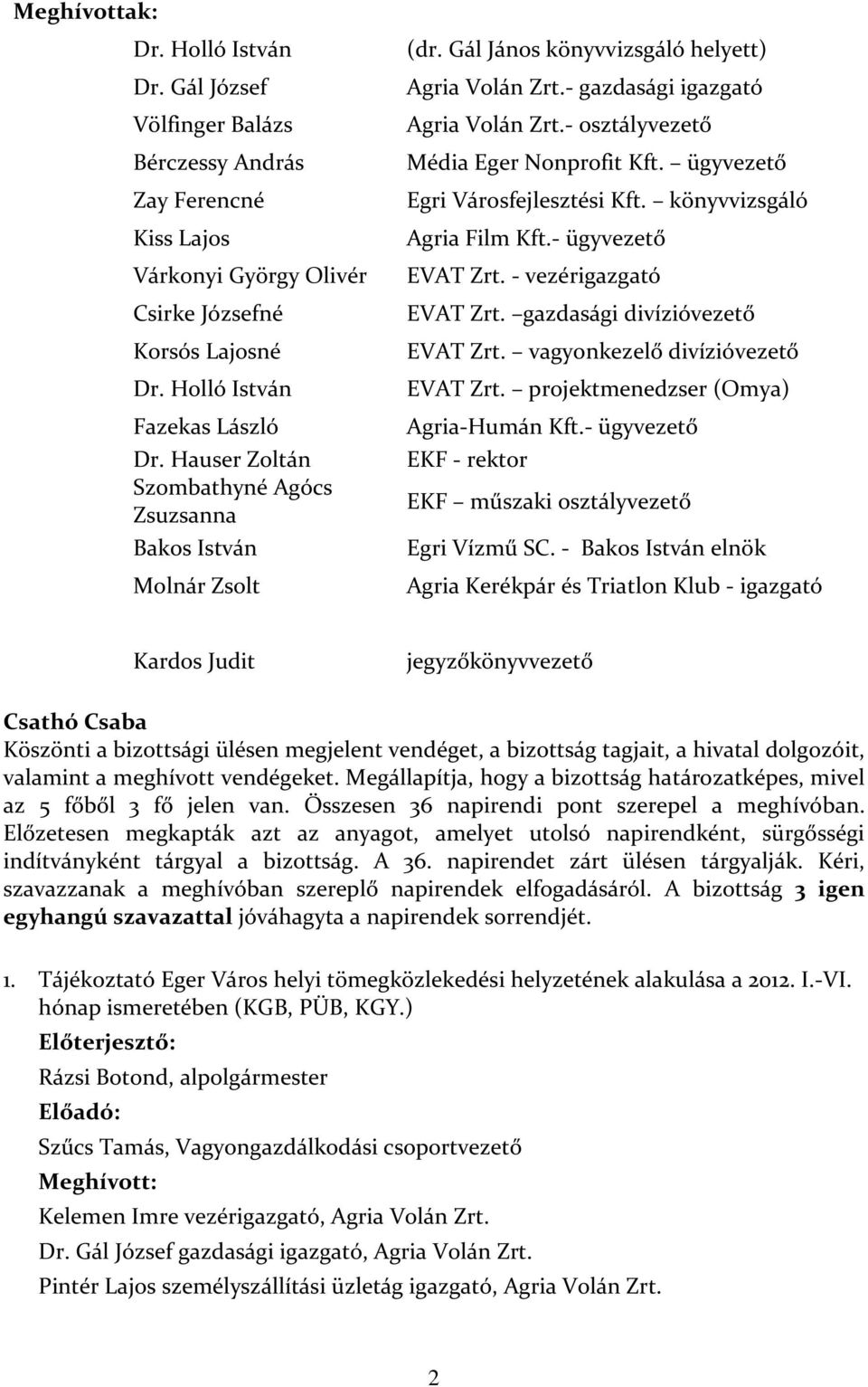 ügyvezető Egri Városfejlesztési Kft. könyvvizsgáló Agria Film Kft.- ügyvezető EVAT Zrt. - vezérigazgató EVAT Zrt. gazdasági divízióvezető EVAT Zrt. vagyonkezelő divízióvezető EVAT Zrt.