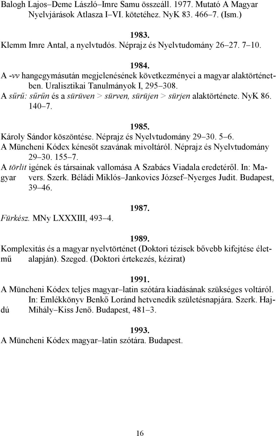 NyK 86. 140 7. 1985. Károly Sándor köszöntése. Néprajz és Nyelvtudomány 29 30. 5 6. A Müncheni Kódex kénesőt szavának mivoltáról. Néprajz és Nyelvtudomány 29 30. 155 7.