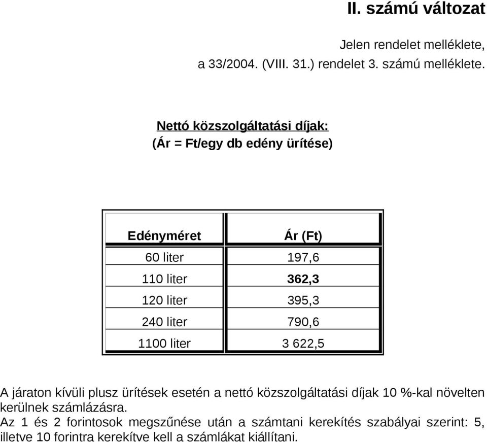 240 liter 790,6 1100 liter 3 622,5 A járaton kívüli plusz ürítések esetén a nettó közszolgáltatási díjak 10 %-kal növelten