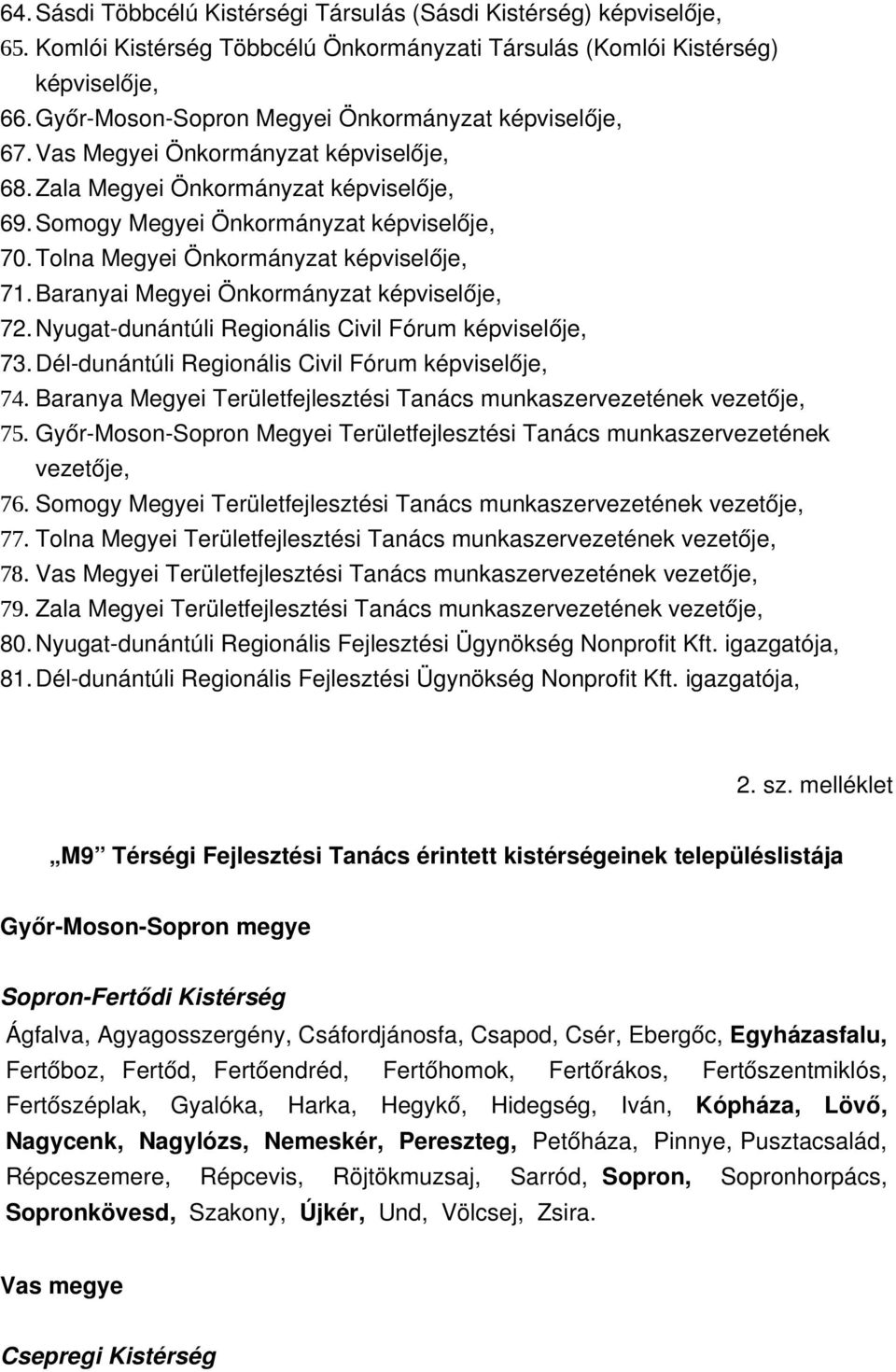 Tolna Megyei Önkormányzat képviselője, 71. Baranyai Megyei Önkormányzat képviselője, 72. Nyugat dunántúli Regionális Civil Fórum képviselője, 73. Dél dunántúli Regionális Civil Fórum képviselője, 74.