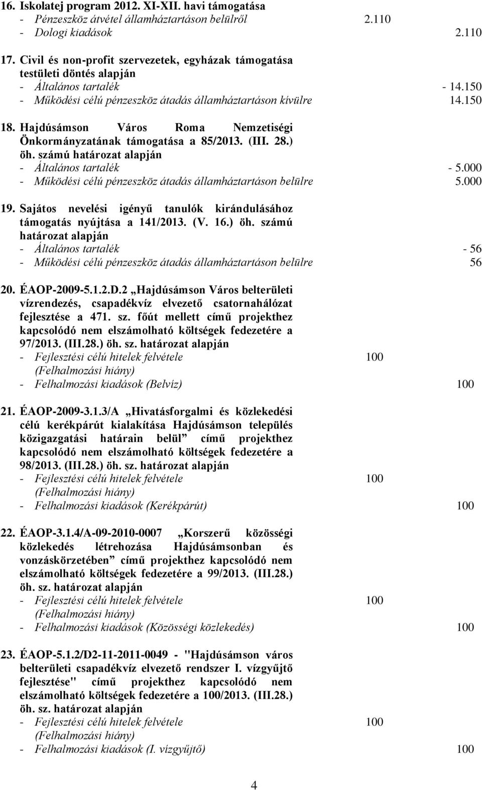 Hajdúsámson Város Roma Nemzetiségi Önkormányzatának támogatása a 85/2013. (III. 28.) öh. számú határozat alapján - Általános tartalék - 5.