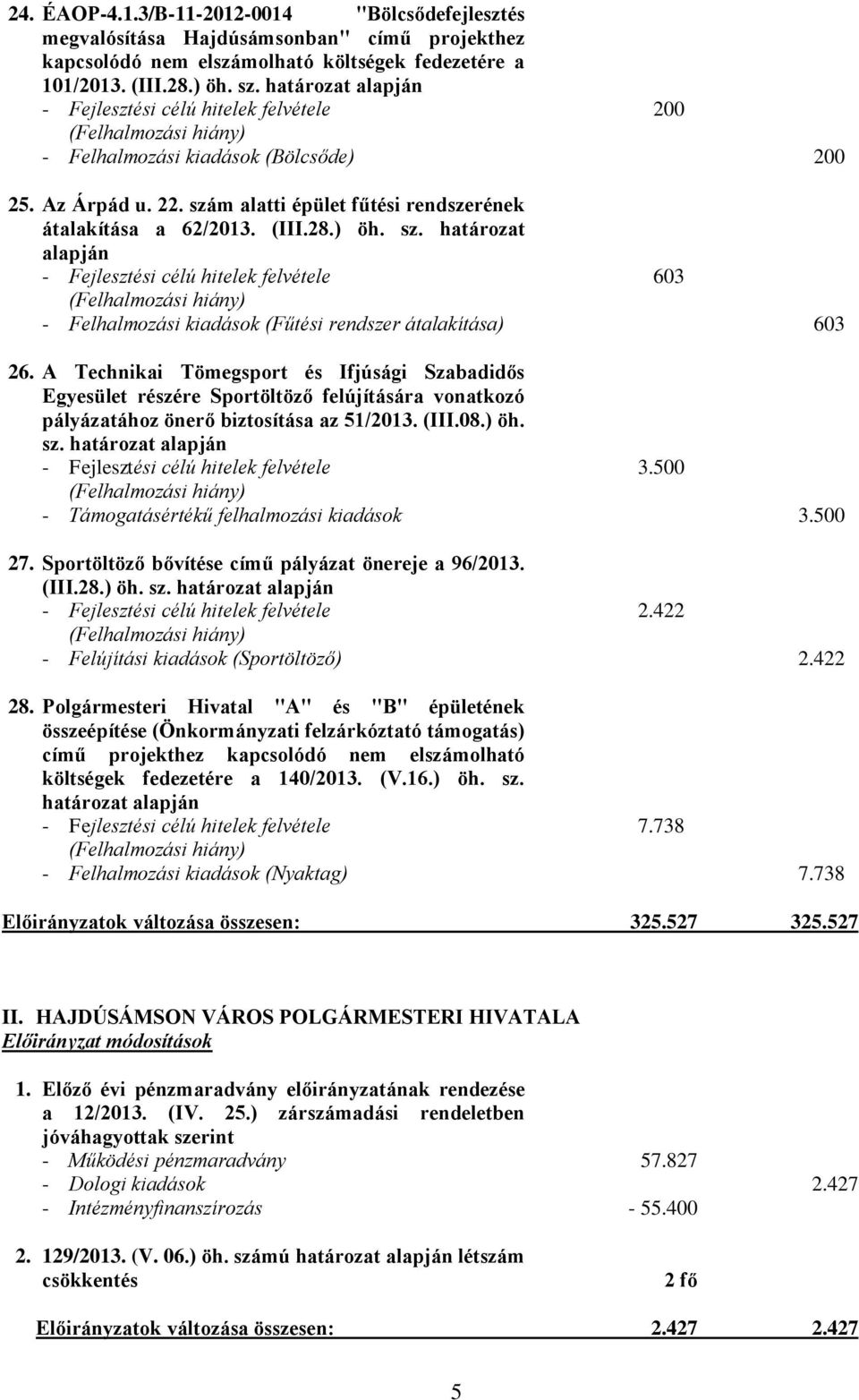 m alatti épület fűtési rendszerének átalakítása a 62/2013. (III.28.) öh. sz. határozat alapján - Fejlesztési célú hitelek felvétele 603 - Felhalmozási kiadások (Fűtési rendszer átalakítása) 603 26.