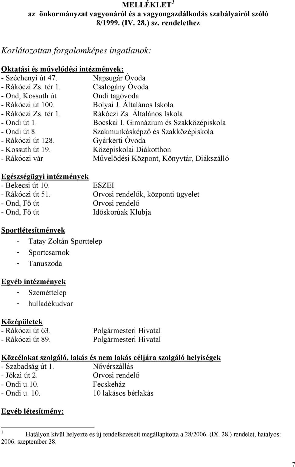 Csalogány Óvoda - Ond, Kossuth út Ondi tagóvoda - Rákóczi út 00. Bolyai J. Általános Iskola - Rákóczi Zs. tér. Rákóczi Zs. Általános Iskola - Ondi út. Bocskai I.