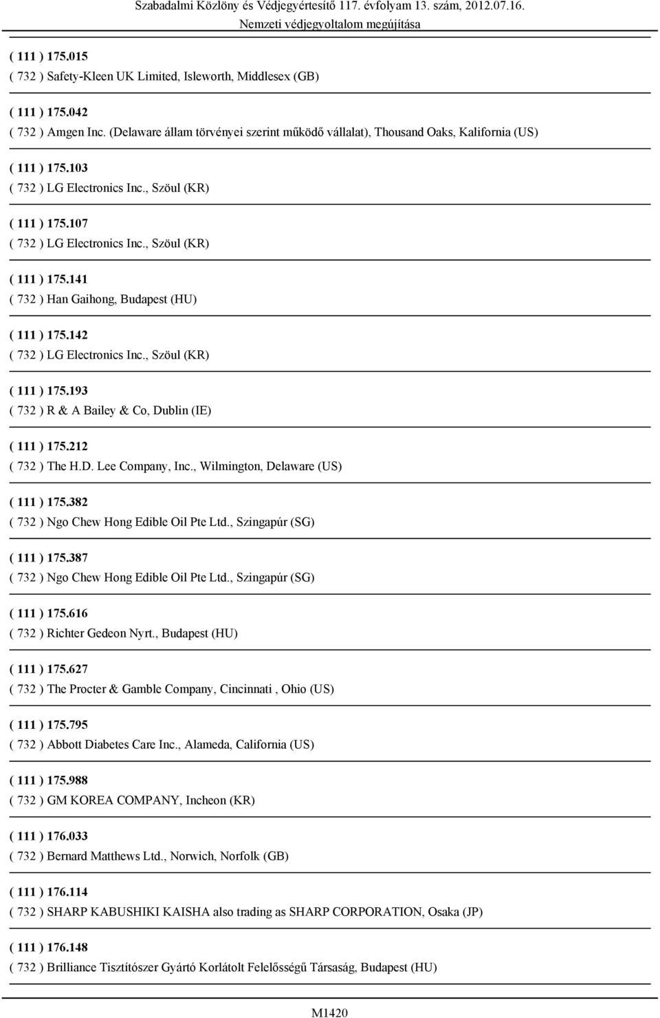 , Szöul (KR) ( 111 ) 175.141 ( 732 ) Han Gaihong, Budapest (HU) ( 111 ) 175.142 ( 732 ) LG Electronics Inc., Szöul (KR) ( 111 ) 175.193 ( 732 ) R & A Bailey & Co, Dublin (IE) ( 111 ) 175.