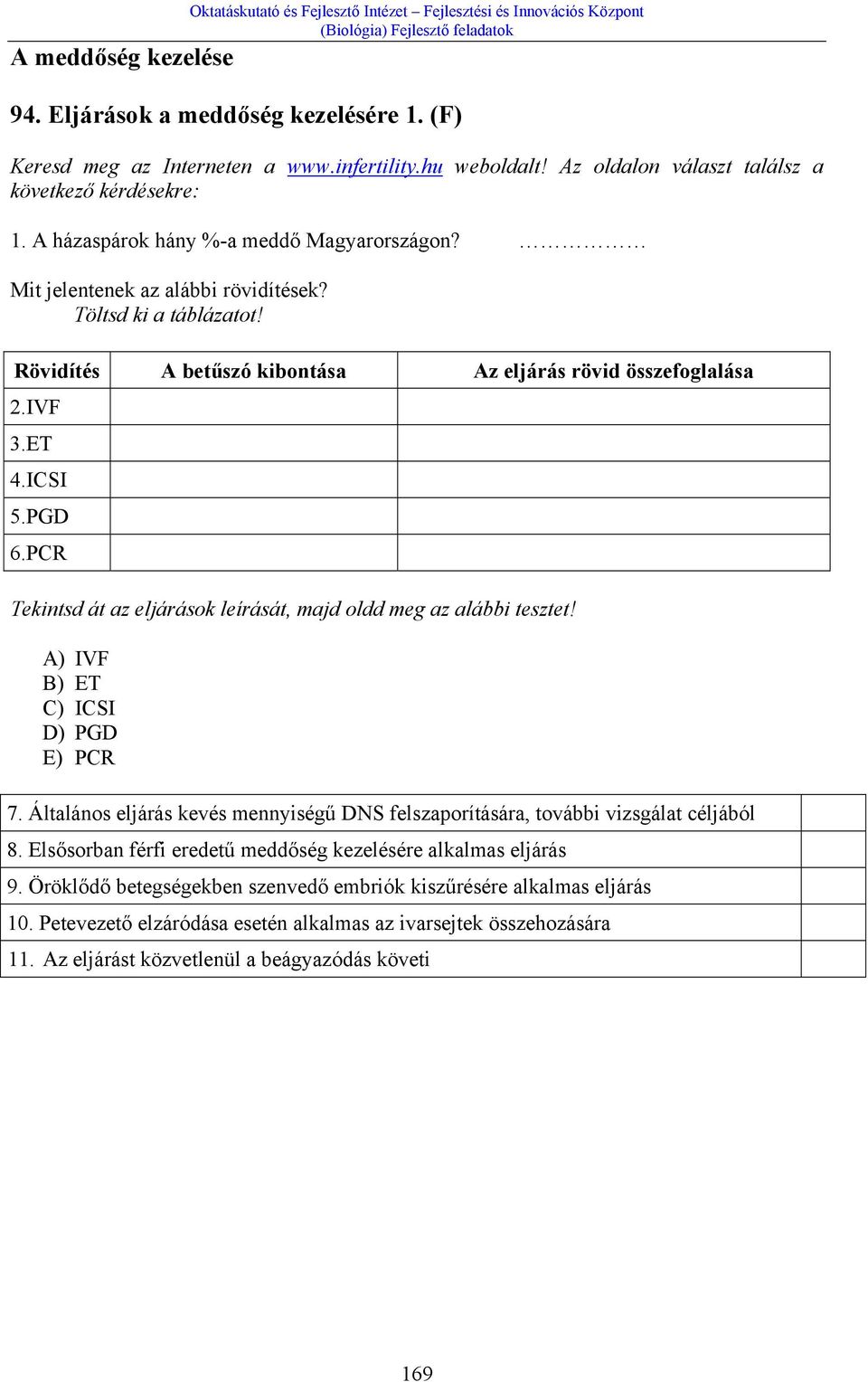 Rövidítés A betűszó kibontása Az eljárás rövid összefoglalása 2.IVF 3.ET 4.ICSI 5.PGD 6.PCR Tekintsd át az eljárások leírását, majd oldd meg az alábbi tesztet! A) IVF B) ET C) ICSI D) PGD E) PCR 7.