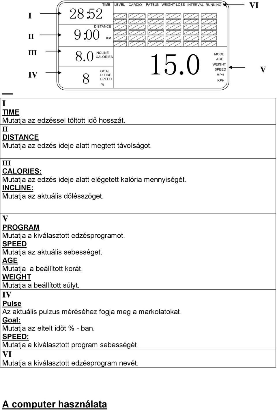 II DISTANCE Mutatja az edzés ideje alatt megtett távolságot. III CALORIES: Mutatja az edzés ideje alatt elégetett kalória mennyiségét. INCLINE: Mutatja az aktuális dőlésszöget.