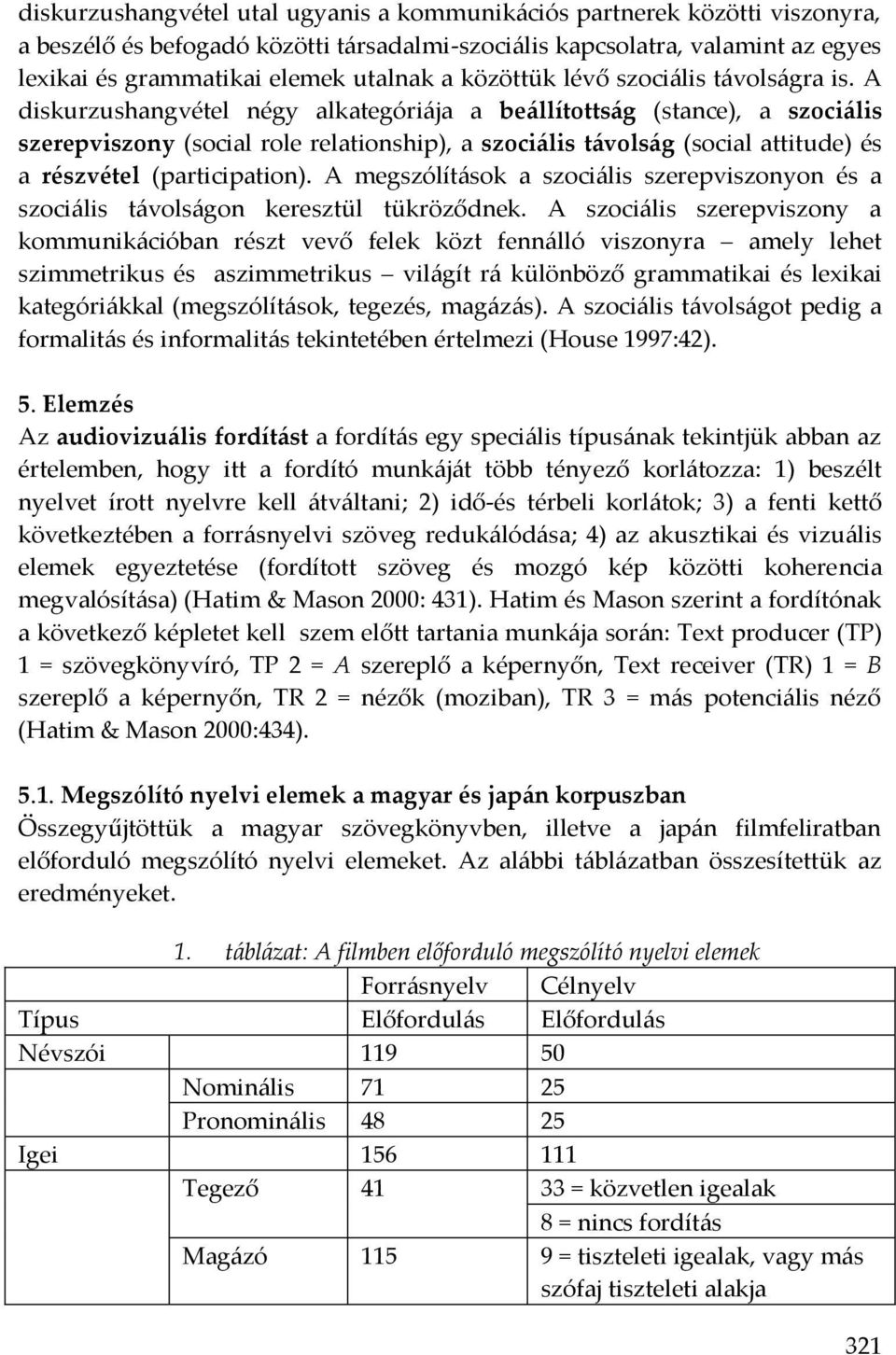 A diskurzushangvétel négy alkategóriája a beállítottság (stance), a szociális szerepviszony (social role relationship), a szociális távolság (social attitude) és a részvétel (participation).