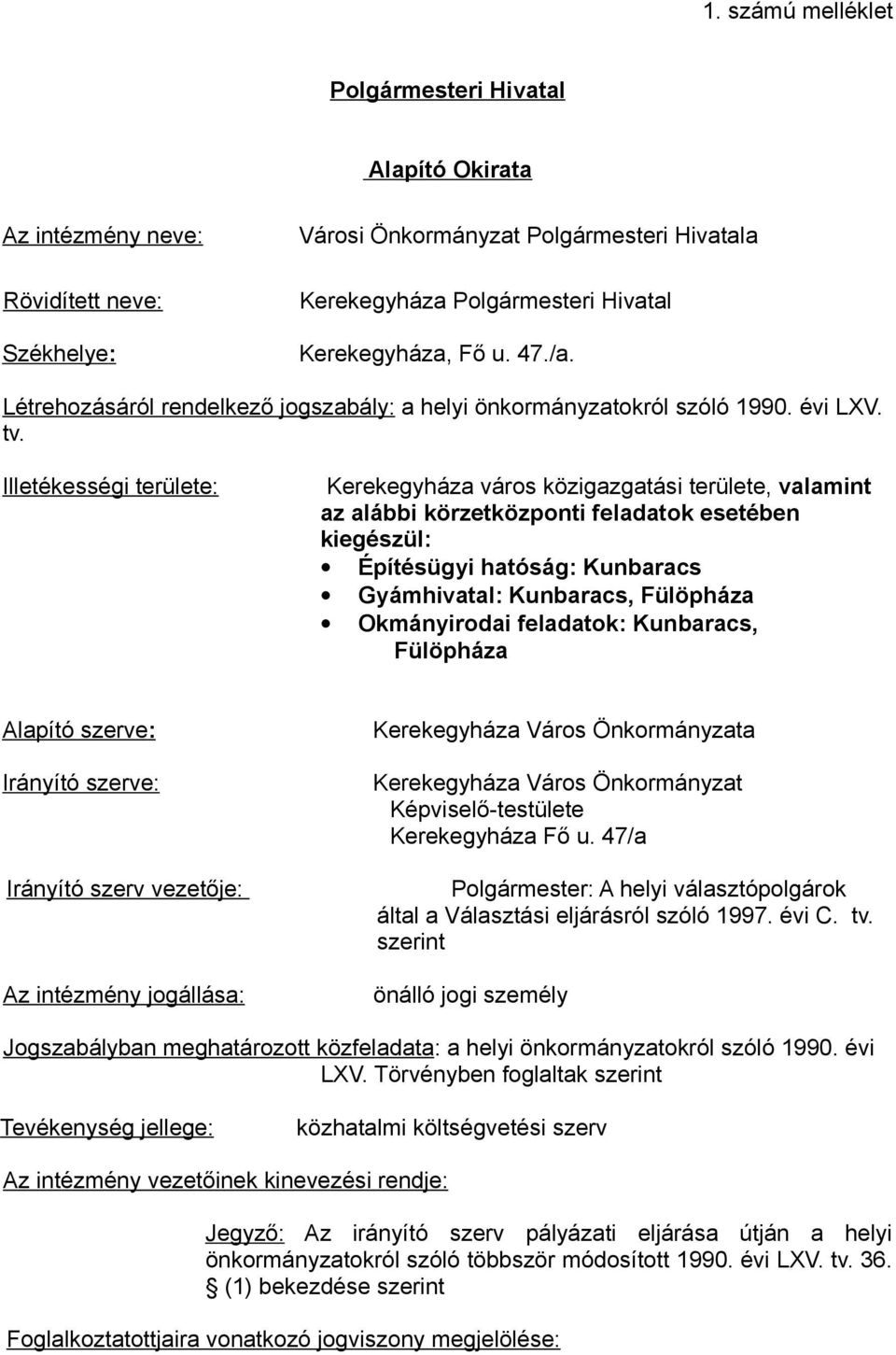 Illetékességi területe: Kerekegyháza város közigazgatási területe, valamint az alábbi körzetközponti feladatok esetében kiegészül: Építésügyi hatóság: Kunbaracs Gyámhivatal: Kunbaracs, Fülöpháza