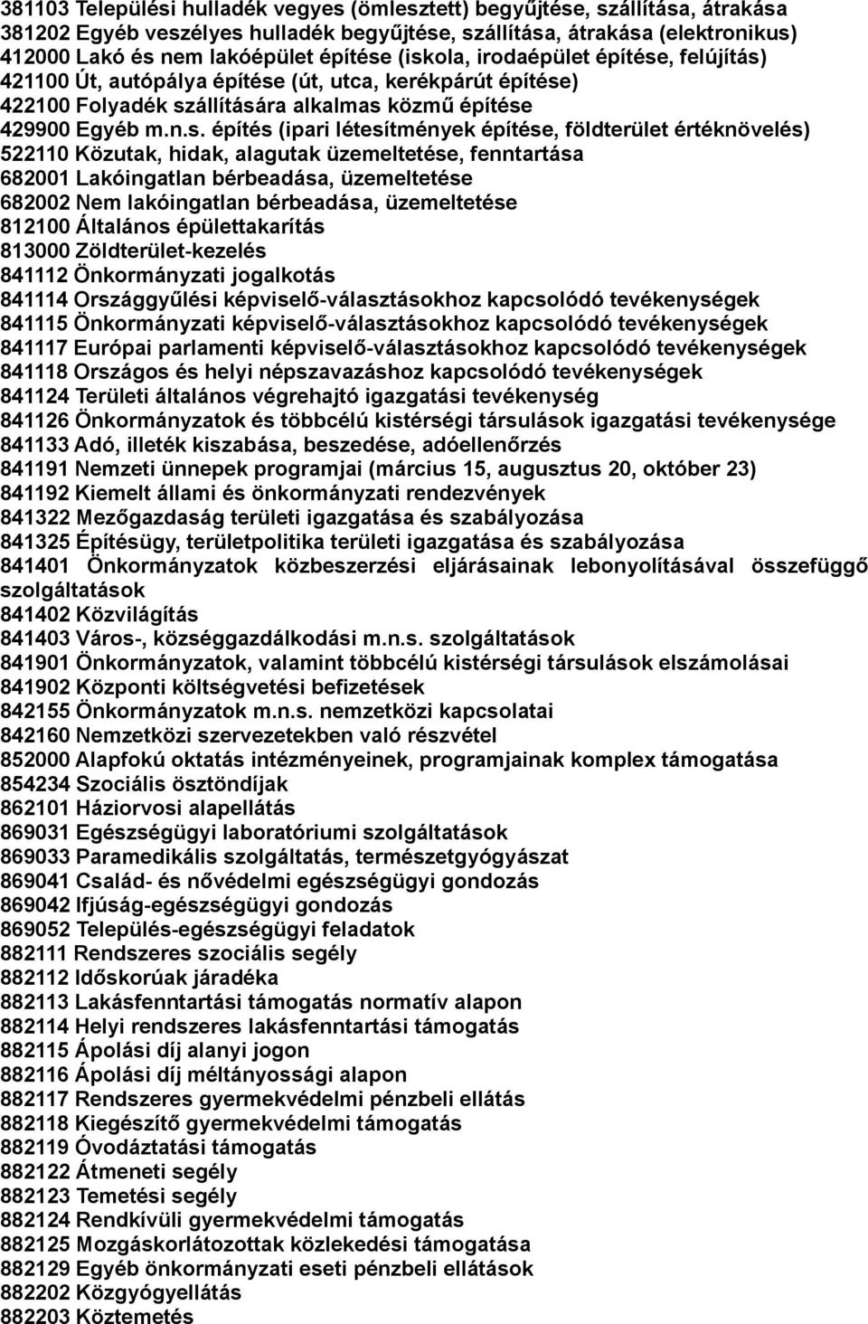 létesítmények építése, földterület értéknövelés) 522110 Közutak, hidak, alagutak üzemeltetése, fenntartása 682001 Lakóingatlan bérbeadása, üzemeltetése 682002 Nem lakóingatlan bérbeadása,