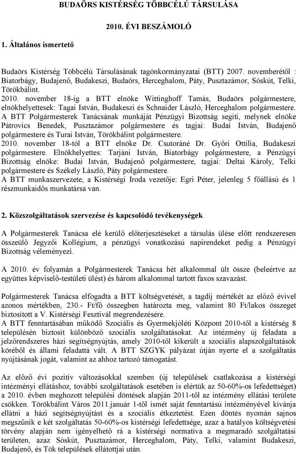 november 18-ig a BTT elnöke Wittinghoff Tamás, Budaörs polgármestere, elnökhelyettesek: Tagai István, Budakeszi és Schnaider László, Herceghalom polgármestere.