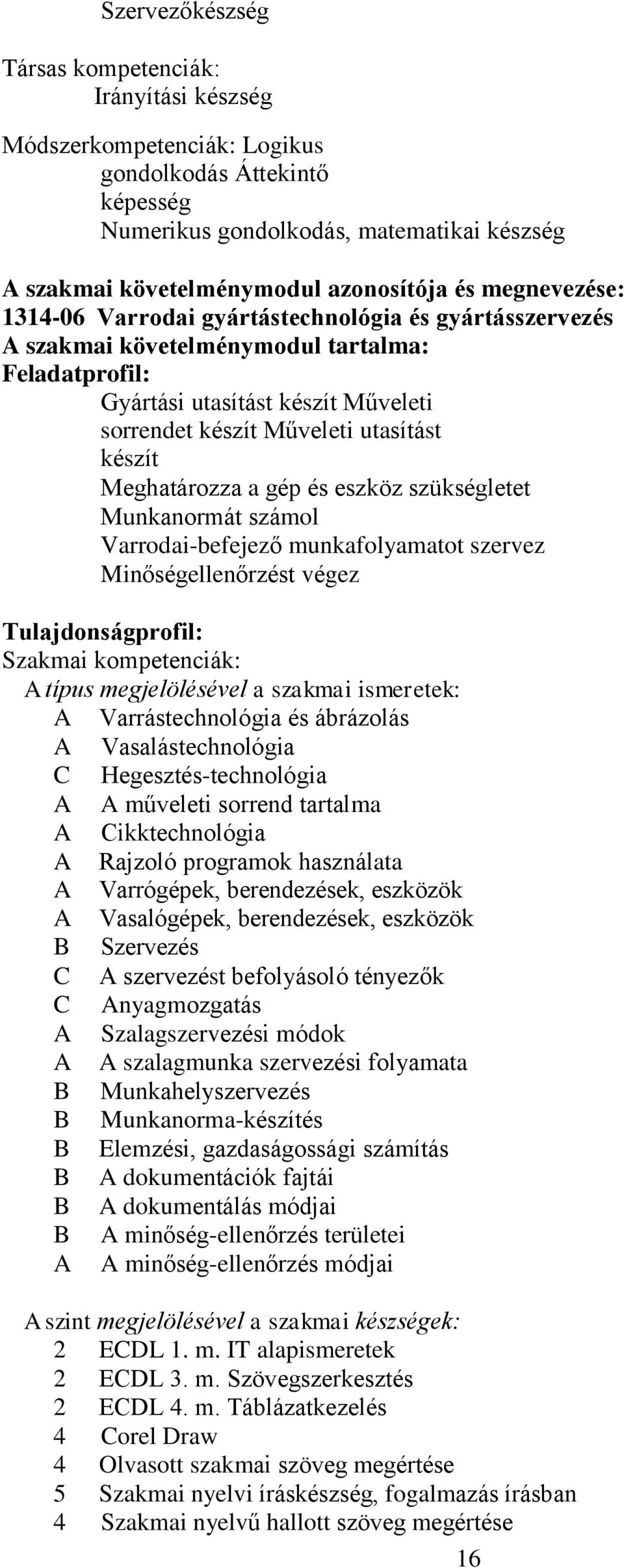 Meghatározza a gép és eszköz szükségletet Munkanormát számol Varrodaibefejező munkafolyamatot szervez Minőségellenőrzést végez Tulajdonságprofil: Szakmai kompetenciák: A típus megjelölésével a