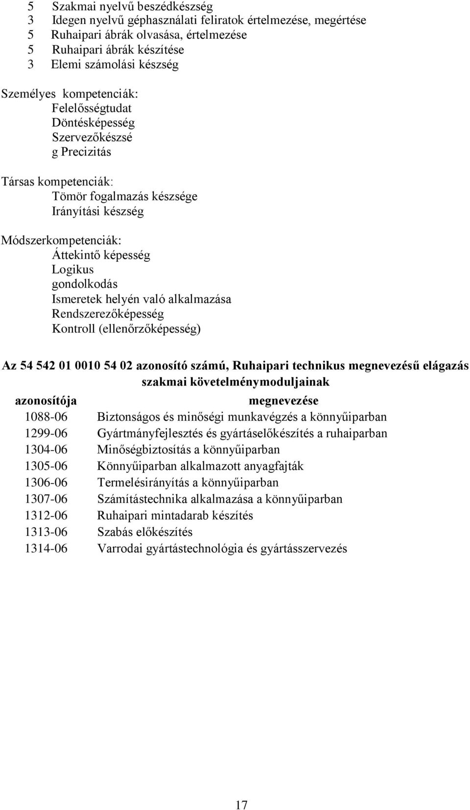 Ismeretek helyén való alkalmazása Rendszerezőképesség Kontroll (ellenőrzőképesség) Az 54 542 1 1 54 2 azonosító számú, Ruhaipari technikus megnevezésű elágazás szakmai követelménymoduljainak