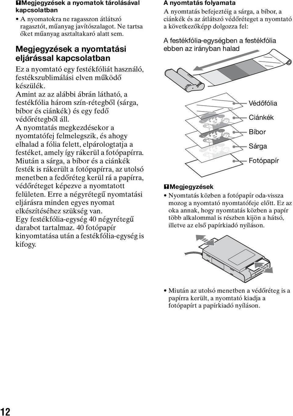 Amint az az alábbi ábrán látható, a festékfólia három szín-rétegből (sárga, bíbor és ciánkék) és egy fedő védőrétegből áll.