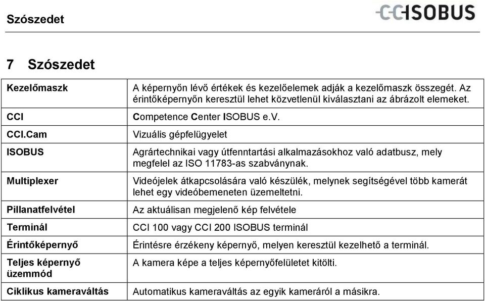 Az érintőképernyőn keresztül lehet közvetlenül kiválasztani az ábrázolt elemeket. Competence Center ISOBUS e.v. Vizuális gépfelügyelet Agrártechnikai vagy útfenntartási alkalmazásokhoz való adatbusz, mely megfelel az ISO 11783-as szabványnak.