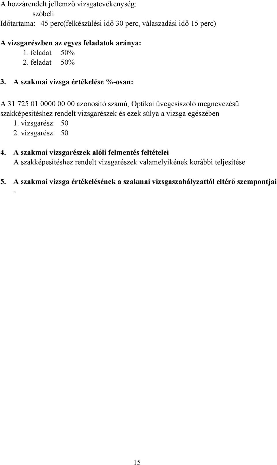 A szakmai vizsga értékelése %-osan: A 31 725 01 0000 00 00 azonosító számú, Optikai üvegcsiszoló megnevezésű szakképesítéshez rendelt vizsgarészek és ezek