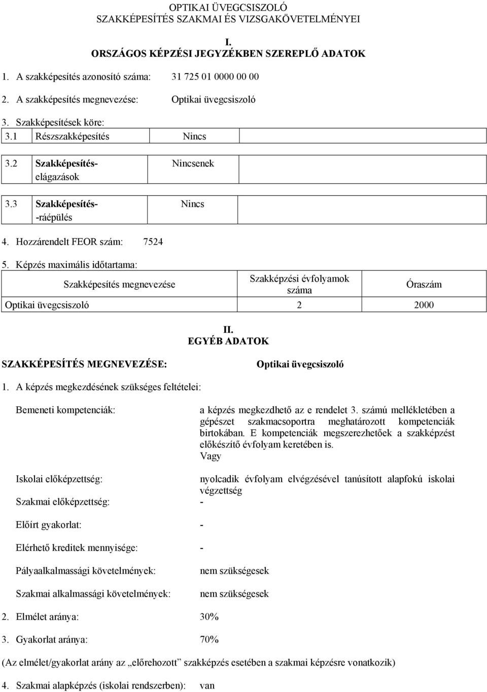 Hozzárendelt FEOR szám: 7524 5. Képzés maximális időtartama: Szakképesítés megnevezése Szakképzési évfolyamok száma Óraszám Optikai üvegcsiszoló 2 2000 II.