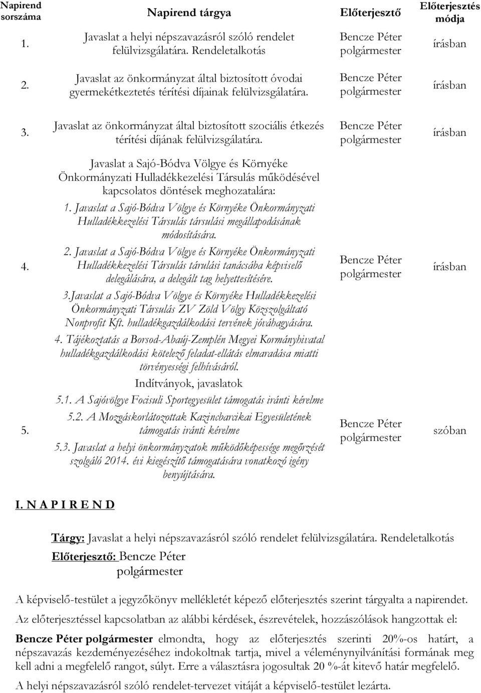 Javaslat az önkormányzat által biztosított szociális étkezés térítési díjának felülvizsgálatára. Bencze Péter írásban 4. 5.