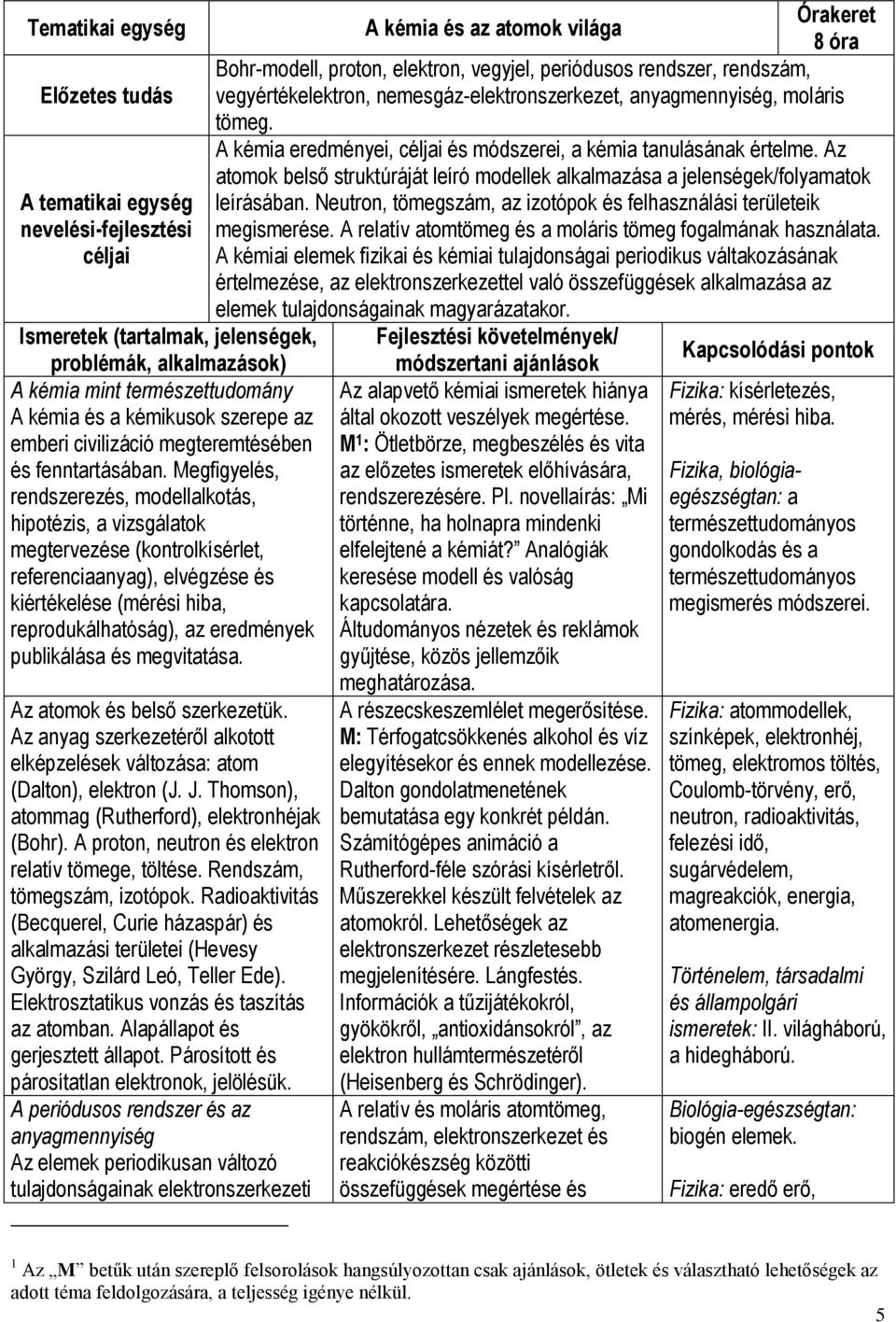 Az atomok belső struktúráját leíró modellek alkalmazása a jelenségek/folyamatok A tematikai egység nevelési-fejlesztési céljai leírásában.