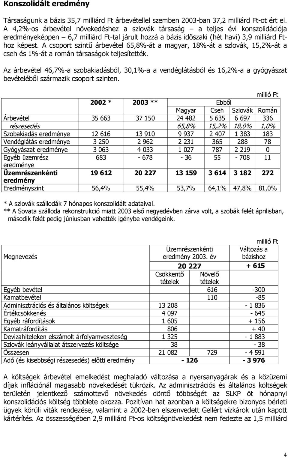 A csoport szintű árbevétel 65,8%-át a magyar, 18%-át a szlovák, 15,2%-át a cseh és 1%-át a román társaságok teljesítették.