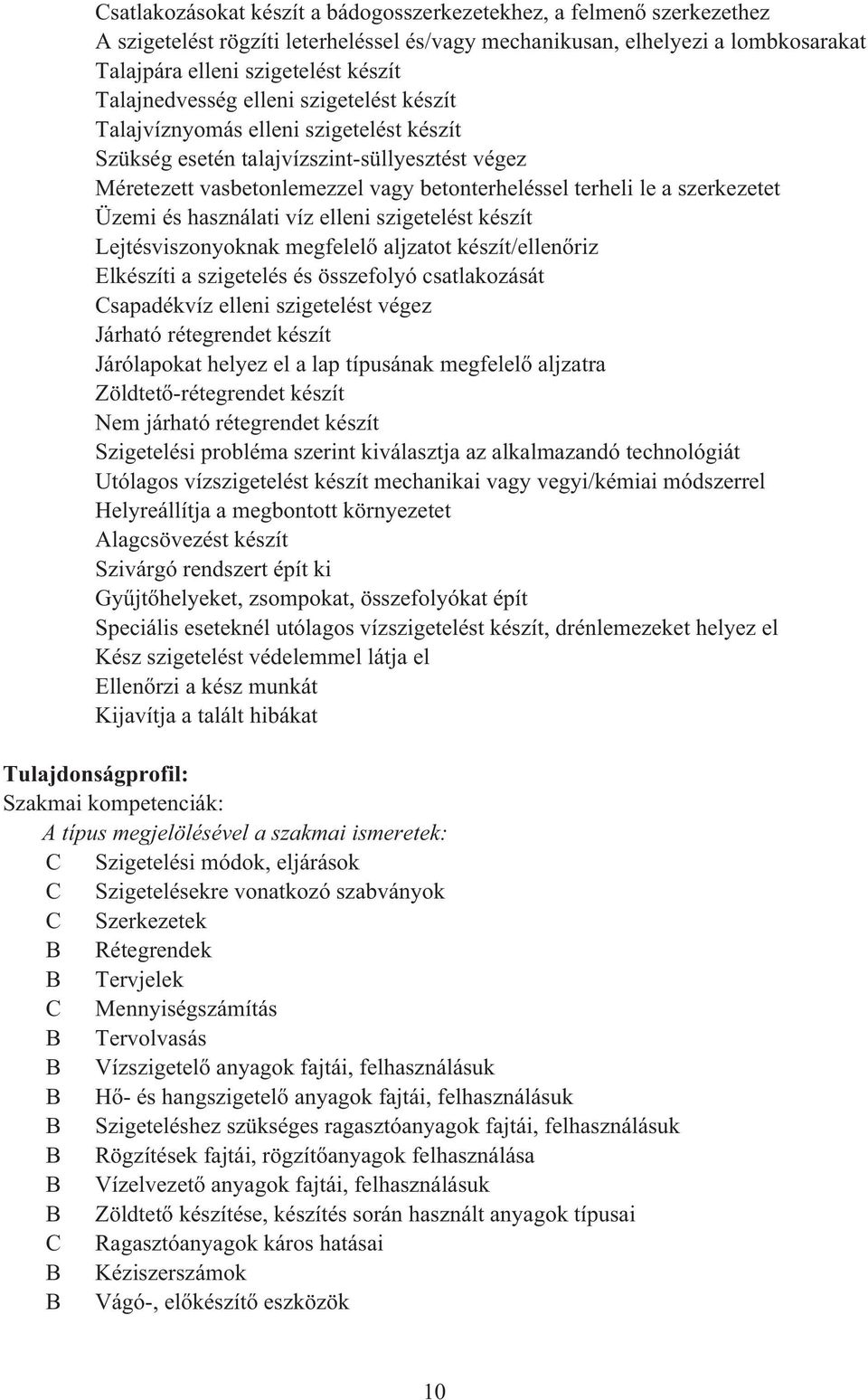 szerkezetet Üzemi és használati víz elleni szigetelést készít Lejtésviszonyoknak megfelel aljzatot készít/ellen riz Elkészíti a szigetelés és összefolyó csatlakozását sapadékvíz elleni szigetelést