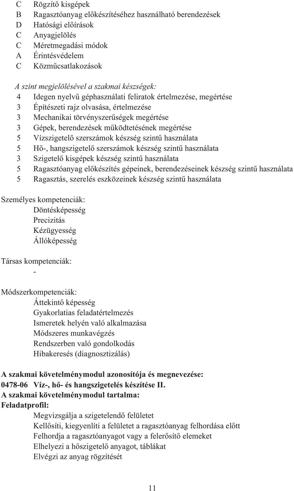 megértése 5 Vízszigetel szerszámok készség szint használata 5 H -, hangszigetel szerszámok készség szint használata 3 Szigetel kisgépek készség szint használata 5 Ragasztóanyag el készítés gépeinek,