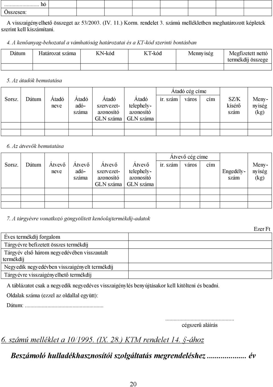 Dátum Átadó neve Átadó adószáma Átadó szervezetazonosító GLN száma Átadó telephelyazonosító GLN száma Átadó cég címe ir. szám város cím SZ/K kísérő szám Menynyiség (kg) 6. Az átvevők bemutatása Sorsz.