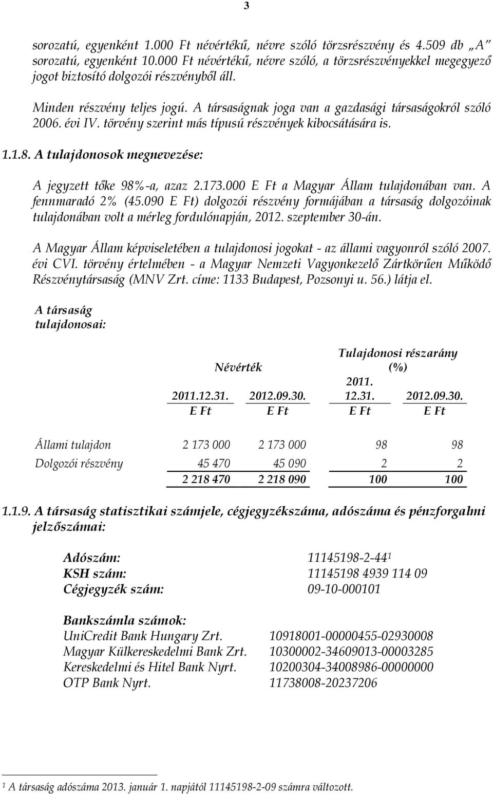 évi IV. törvény szerint más típusú részvények kibocsátására is. 1.1.8. A tulajdonosok megnevezése: A jegyzett tőke 98%-a, azaz 2.173.000 E Ft a Magyar Állam tulajdonában van. A fennmaradó 2% (45.