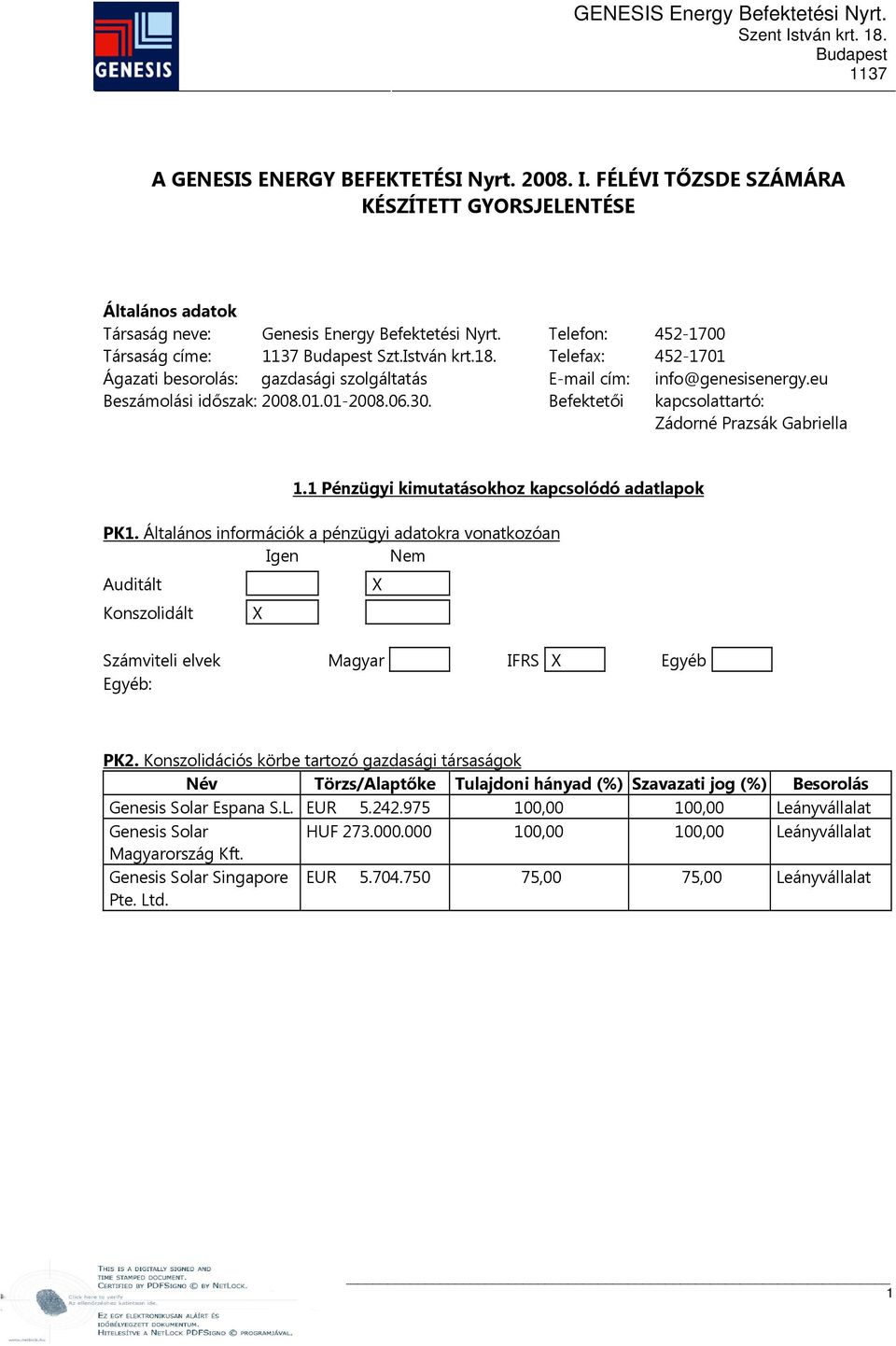 Befektetői kapcsolattartó: Zádorné Prazsák Gabriella 1.1 Pénzügyi kimutatásokhoz kapcsolódó adatlapok PK1.