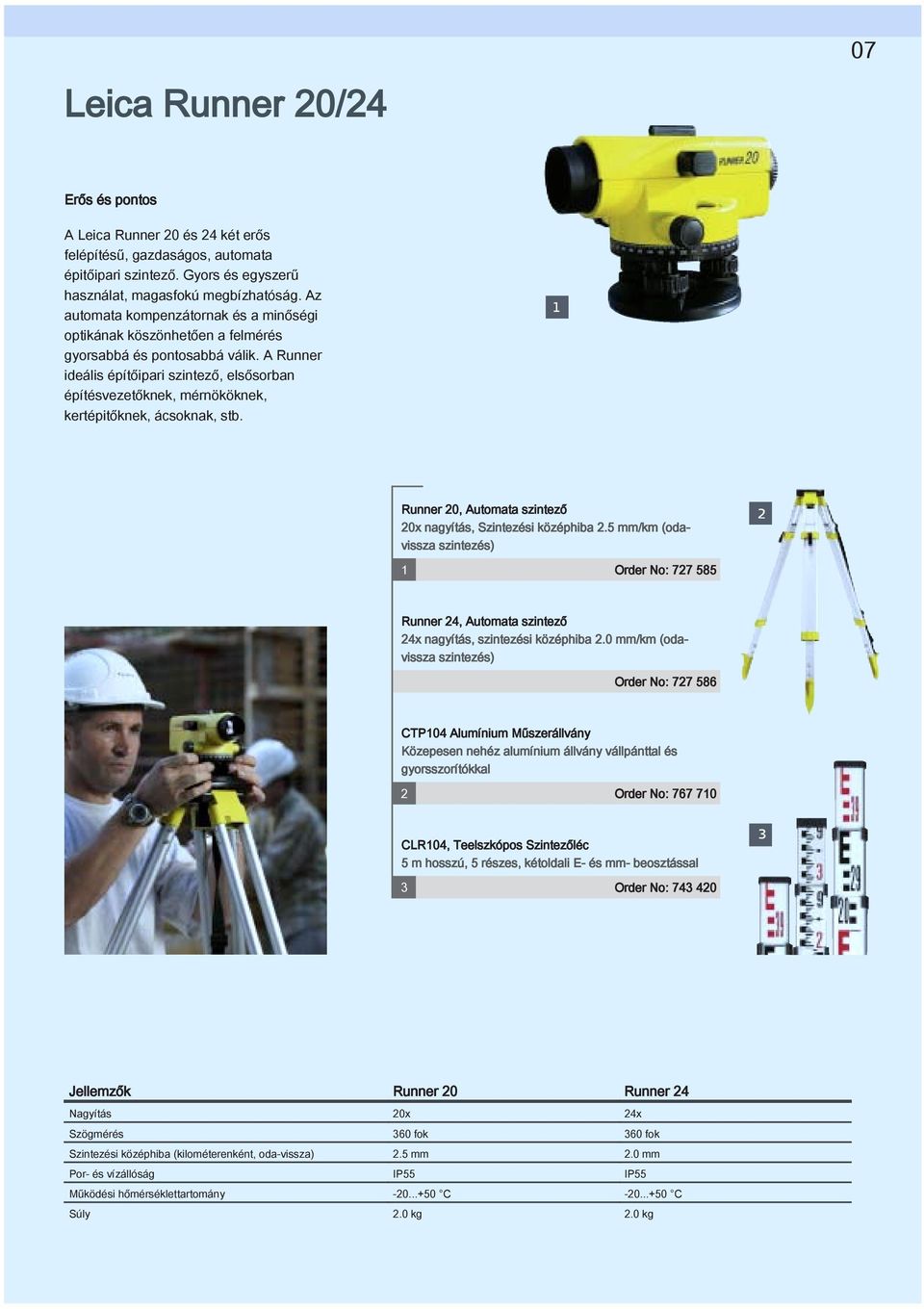 A Runner ideális építőipari szintező, elsősorban építésvezetőknek, mérnököknek, kertépitőknek, ácsoknak, stb. 1 Runner 20, Automata szintező 20x nagyítás, Szintezési középhiba 2.