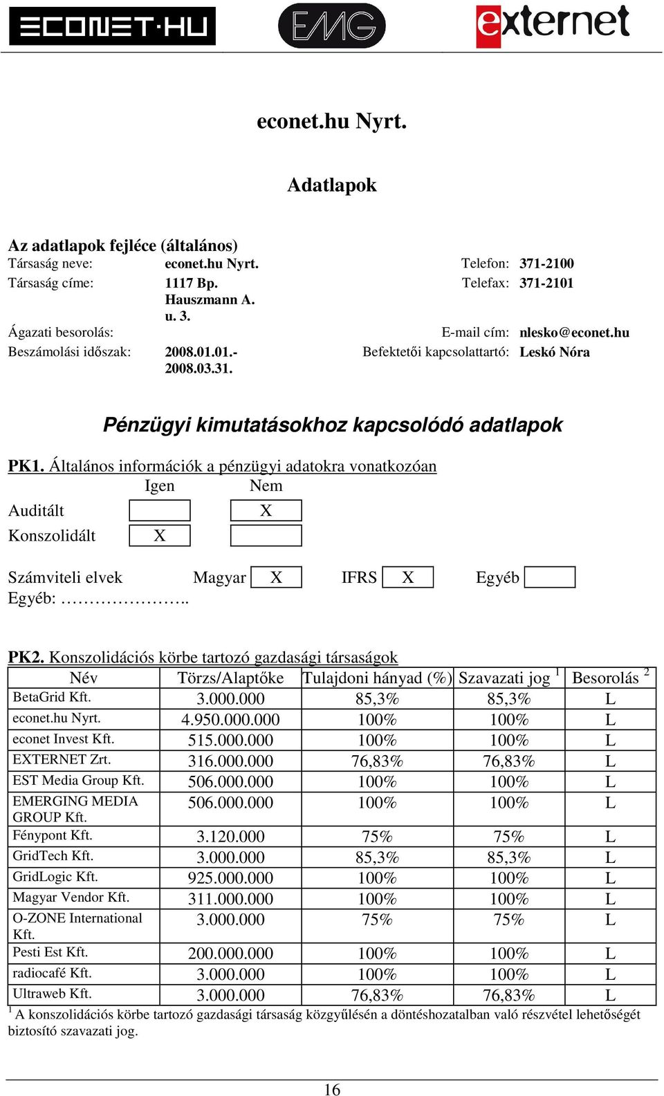 Általános információk a pénzügyi adatokra vonatkozóan Igen Nem Auditált Konszolidált X X Számviteli elvek Magyar X IFRS X Egyéb Egyéb:.. PK2.