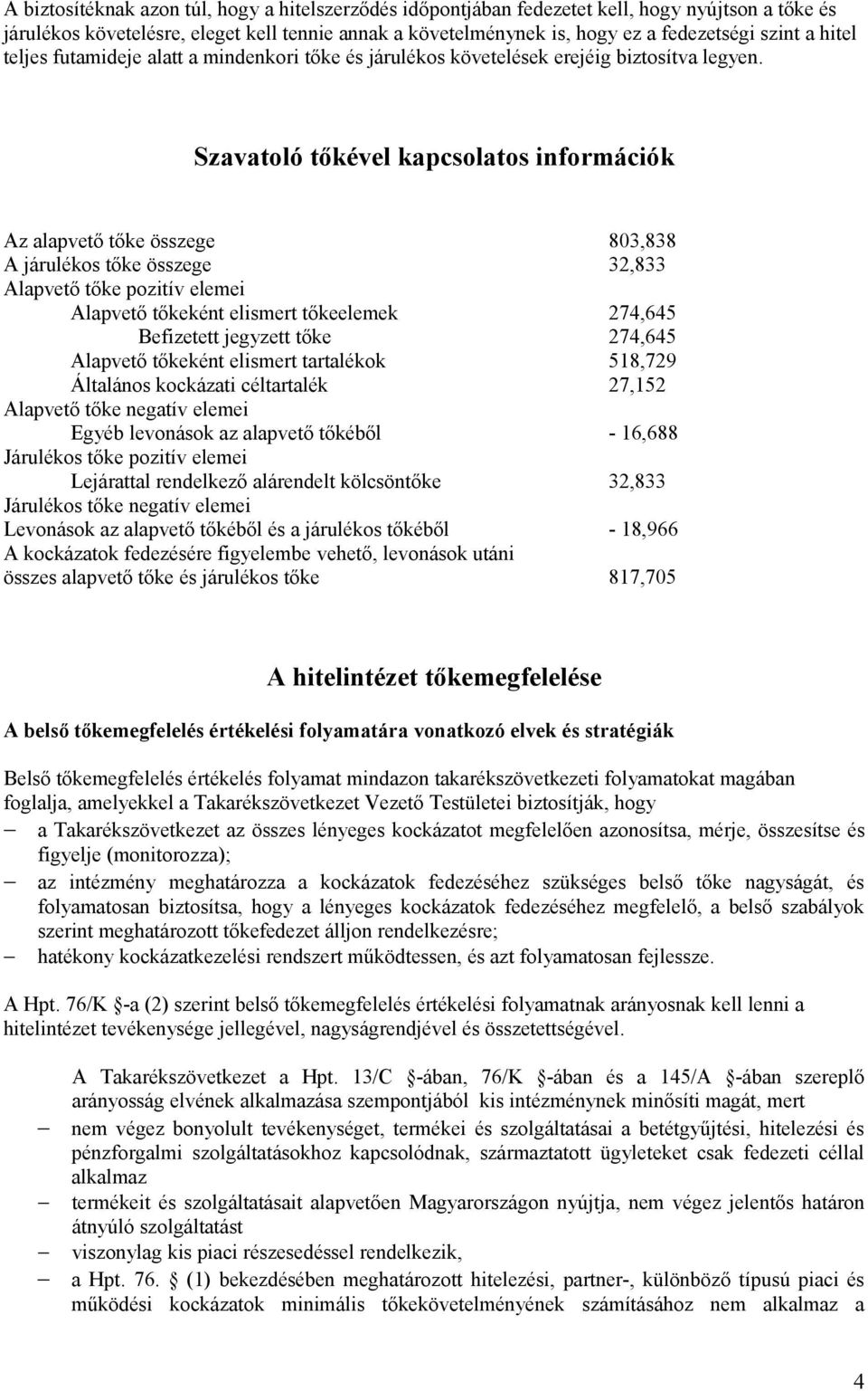 Szavatoló tőkével kapcsolatos információk Az alapvető tőke összege 803,838 A járulékos tőke összege 32,833 Alapvető tőke pozitív elemei Alapvető tőkeként elismert tőkeelemek 274,645 Befizetett