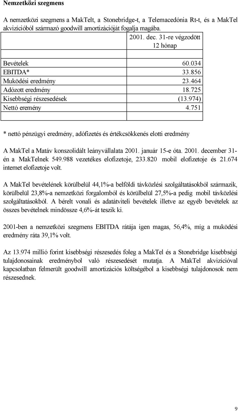 751 * nettó pénzügyi eredmény, adófizetés és értékcsökkenés elotti eredmény A MakTel a Matáv konszolidált leányvállalata 2001. január 15-e óta. 2001. december 31- én a MakTelnek 549.