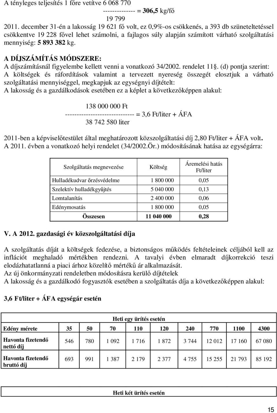 893 382 kg. A DÍJSZÁMÍTÁS MÓDSZERE: A díjszámításnál figyelembe kellett venni a vonatkozó 34/2002. rendelet 11.