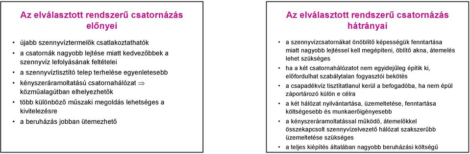 rendszerű csatornázás hátrányai a szennyvízcsatornákat önöblítő képességük fenntartása miatt nagyobb lejtéssel kell megépíteni, öblítő akna, átemelés lehet szükséges ha a két csatornahálózatot nem